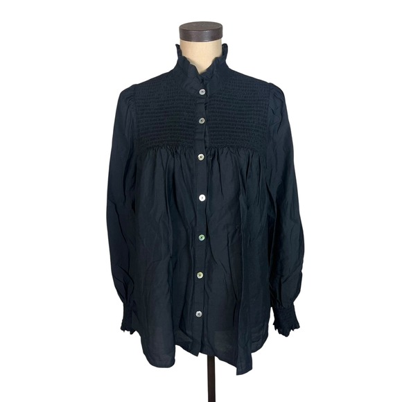 Pomander Place Tops - Pomander Place Womens XL Black Smocked Ruffle Neck Button Front Blouse Top